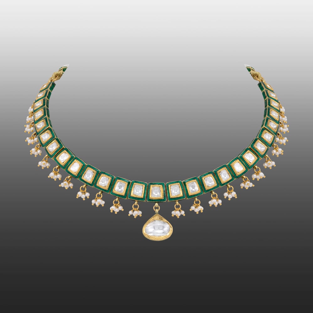 Green Meenakari Necklace with Polkis and Pearl Cheed Drops